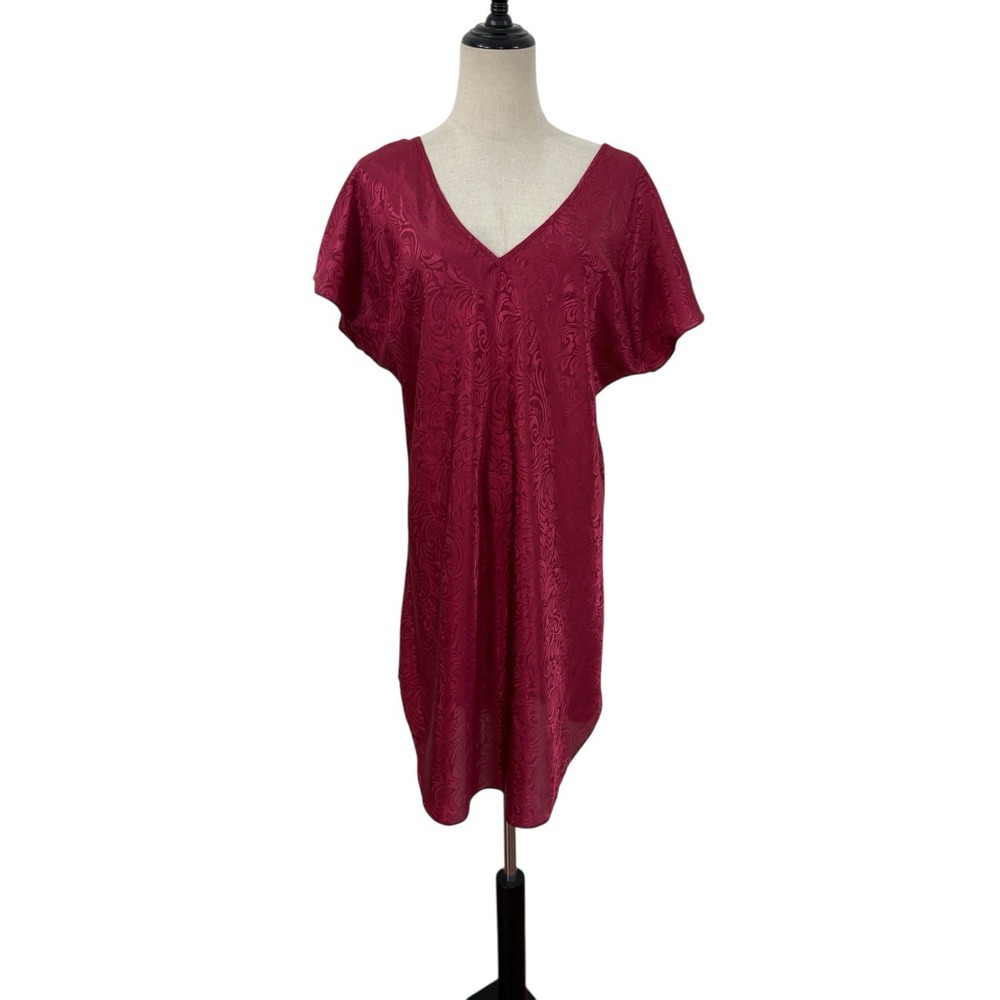 Vtg 90s Innermost Burgundy Jacquard Satin Nightgown Sleep Shirt Sz S Back Detail - Picture 1 of 7